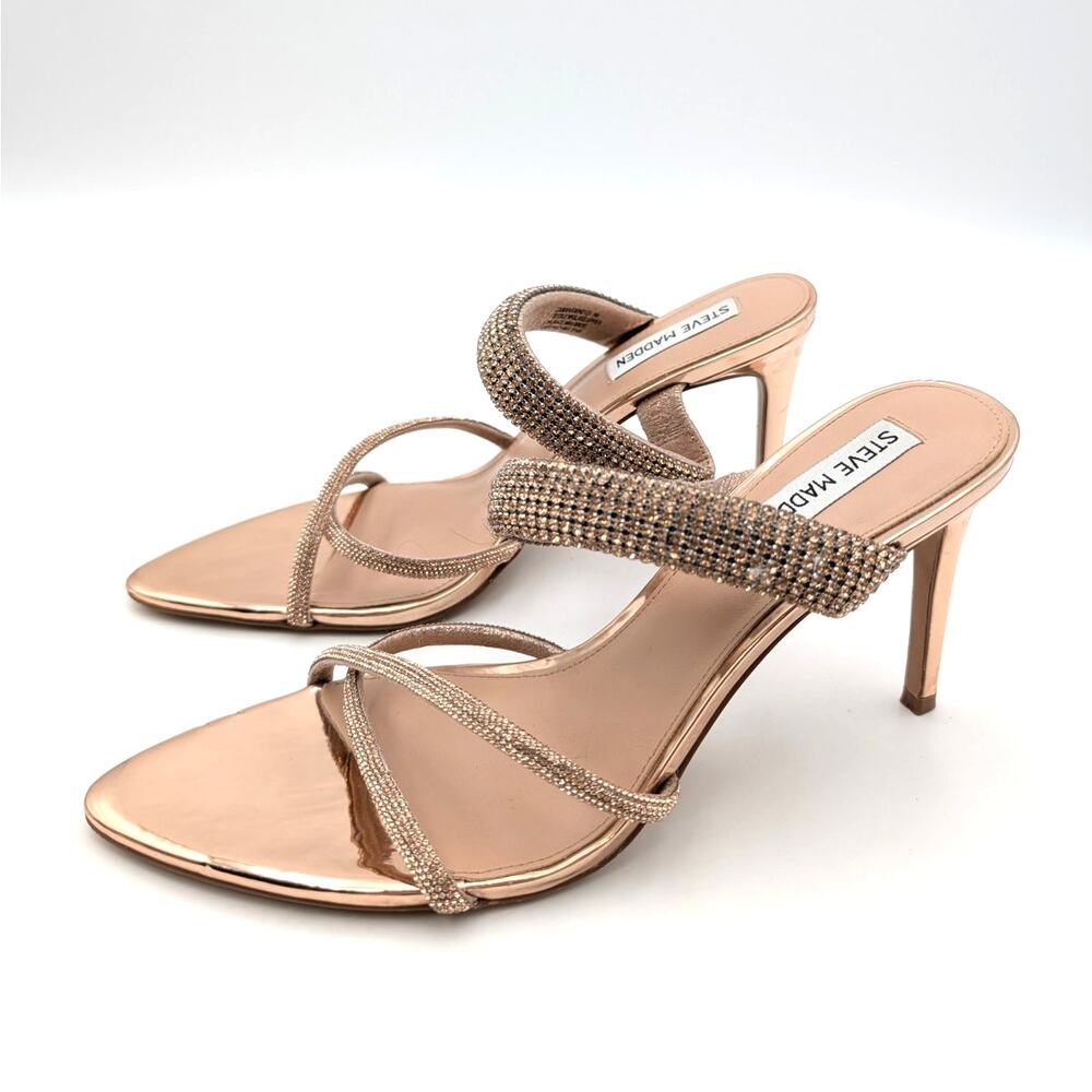 Steve Madden Camina Crystal Strap Slide Sandals Women's Rose Gold Sz US9M EU39.5